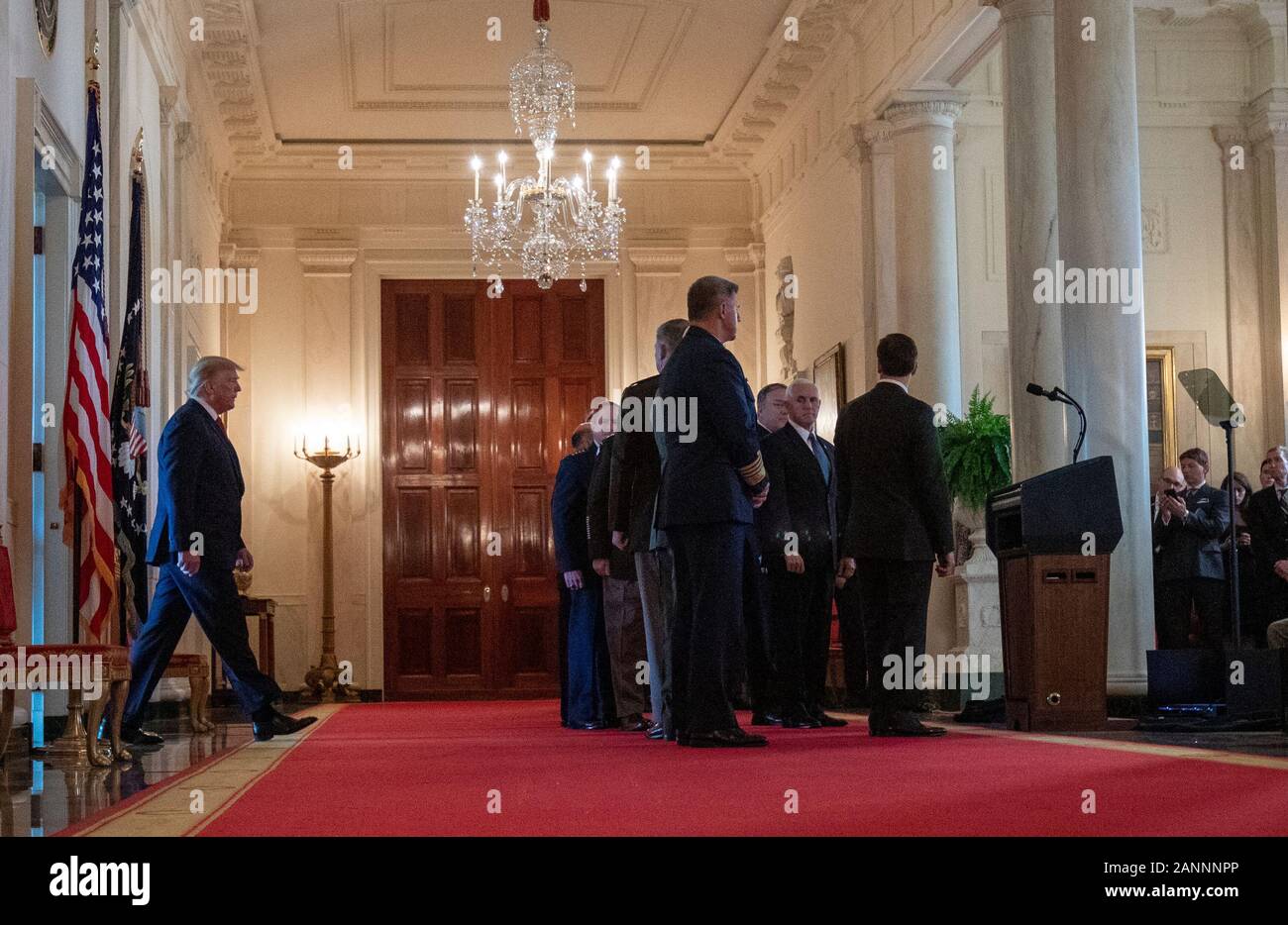 United States President Donald J. Trump arrives to deliver remarks on the Iraqi-Iranian situation in the Grand Foyer at the White House in Washington, DC on Wednesday, January 8, 2020. Trump responded to the Iranian missile attacks on U.S.-Iraqi airbases in Iraq. Credit: Tasos Katopodis/Pool via CNP | usage worldwide Stock Photo