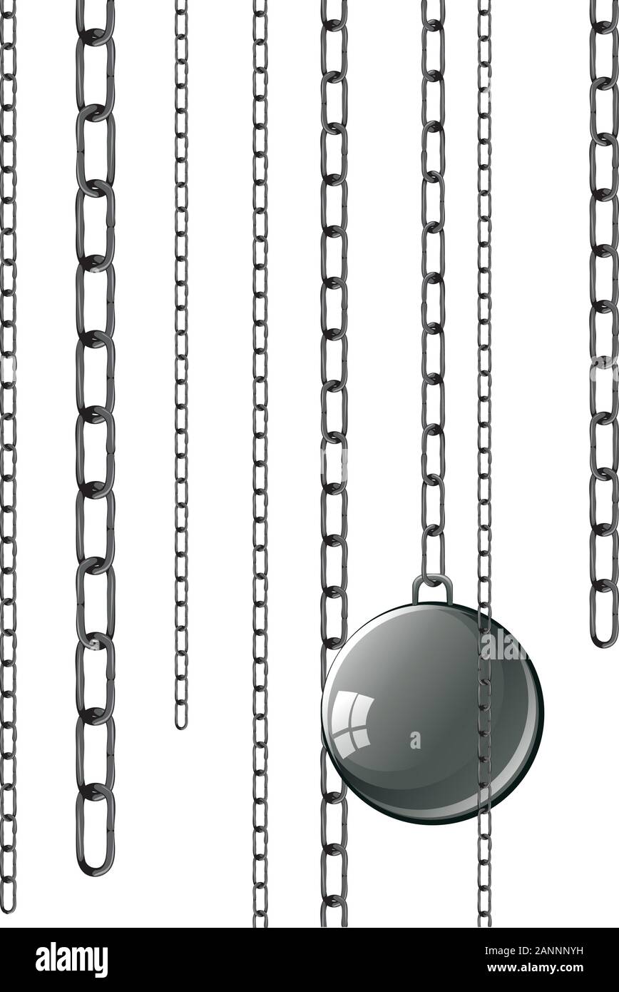 Gray metal chains with ball and shackles on white background. Stock Vector