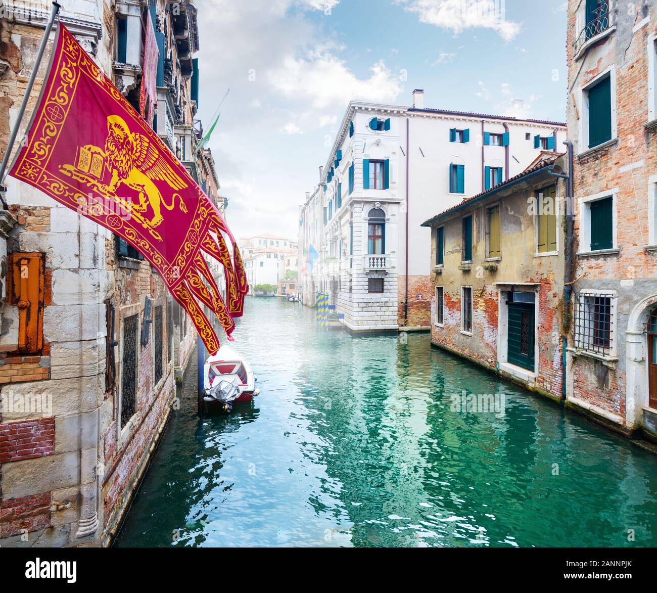 Venice, Italy - OCT 01, 2018: Flag of the Venetian Republic flying over rio di Santa Marina, Venice Stock Photo