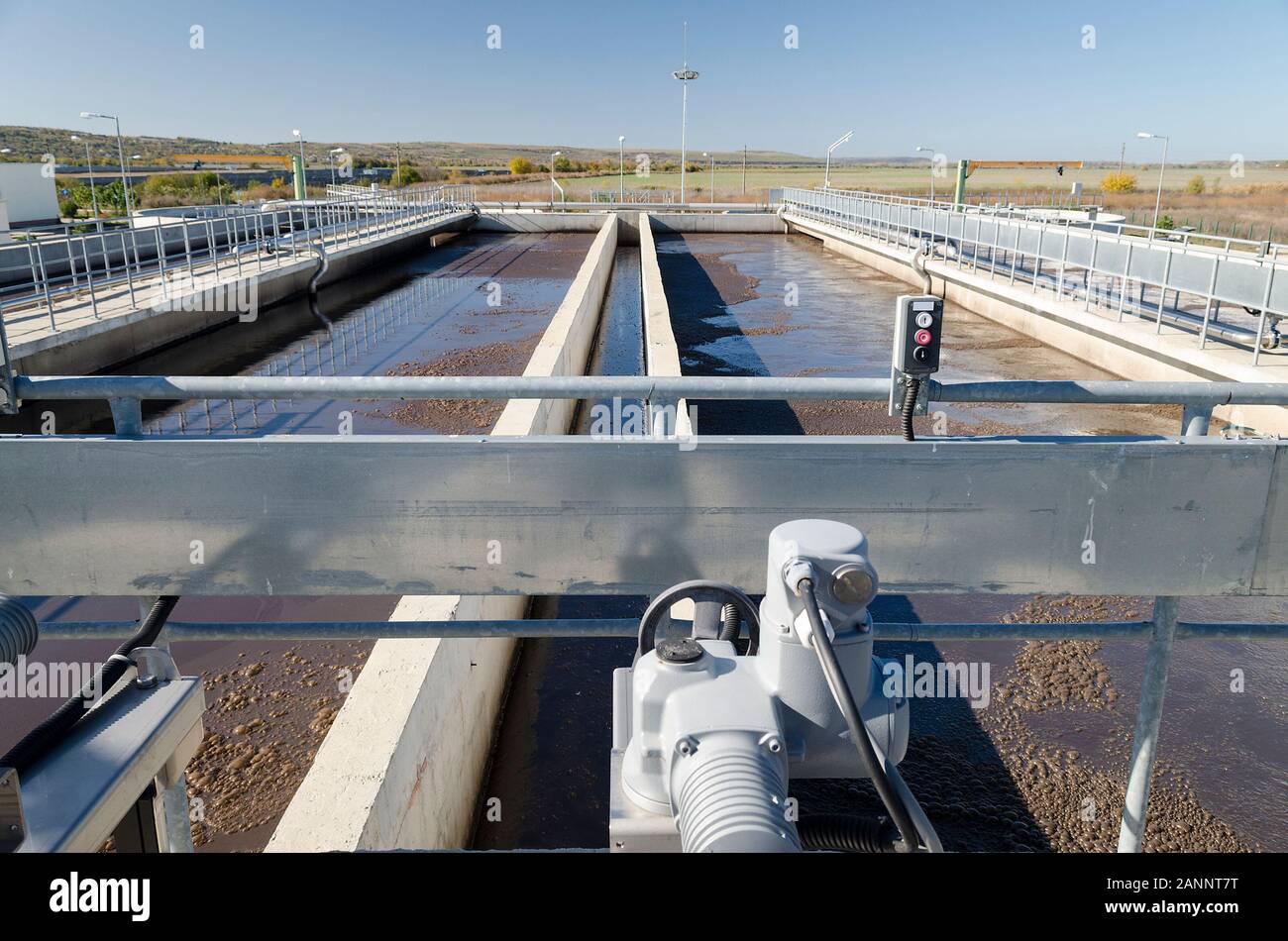 Modern wastewater treatment plant. Tanks for aeration and biological purification of sewage by using active sludge Stock Photo