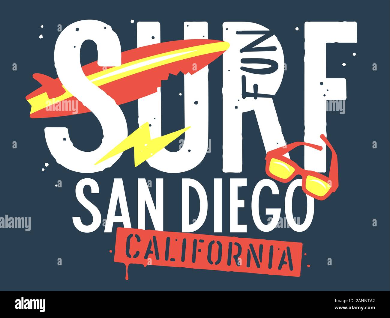 Surf San Diego California artwork for Tshirt Design. Summer Tee graphics. Hand drawn vector