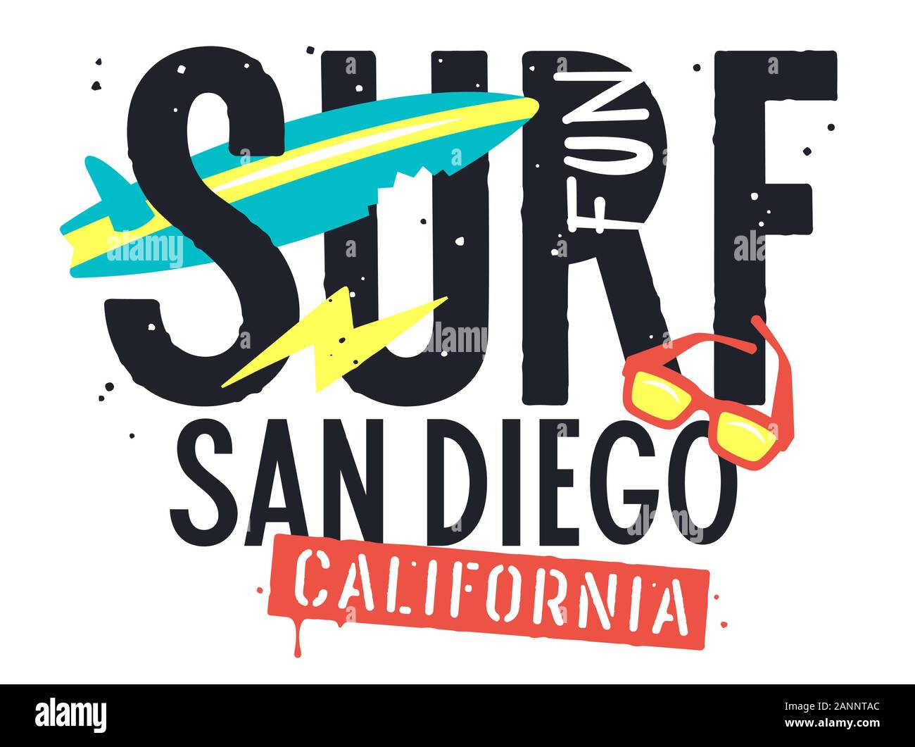 Surf San Diego California artwork for Tshirt Design. Summer Tee graphics. Hand drawn vector