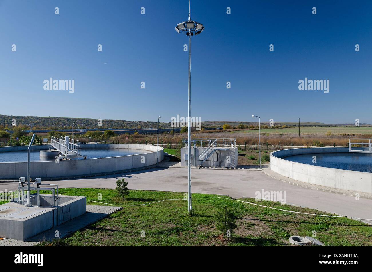 View to sewage treatment plant - water recycling. Waste management. Stock Photo