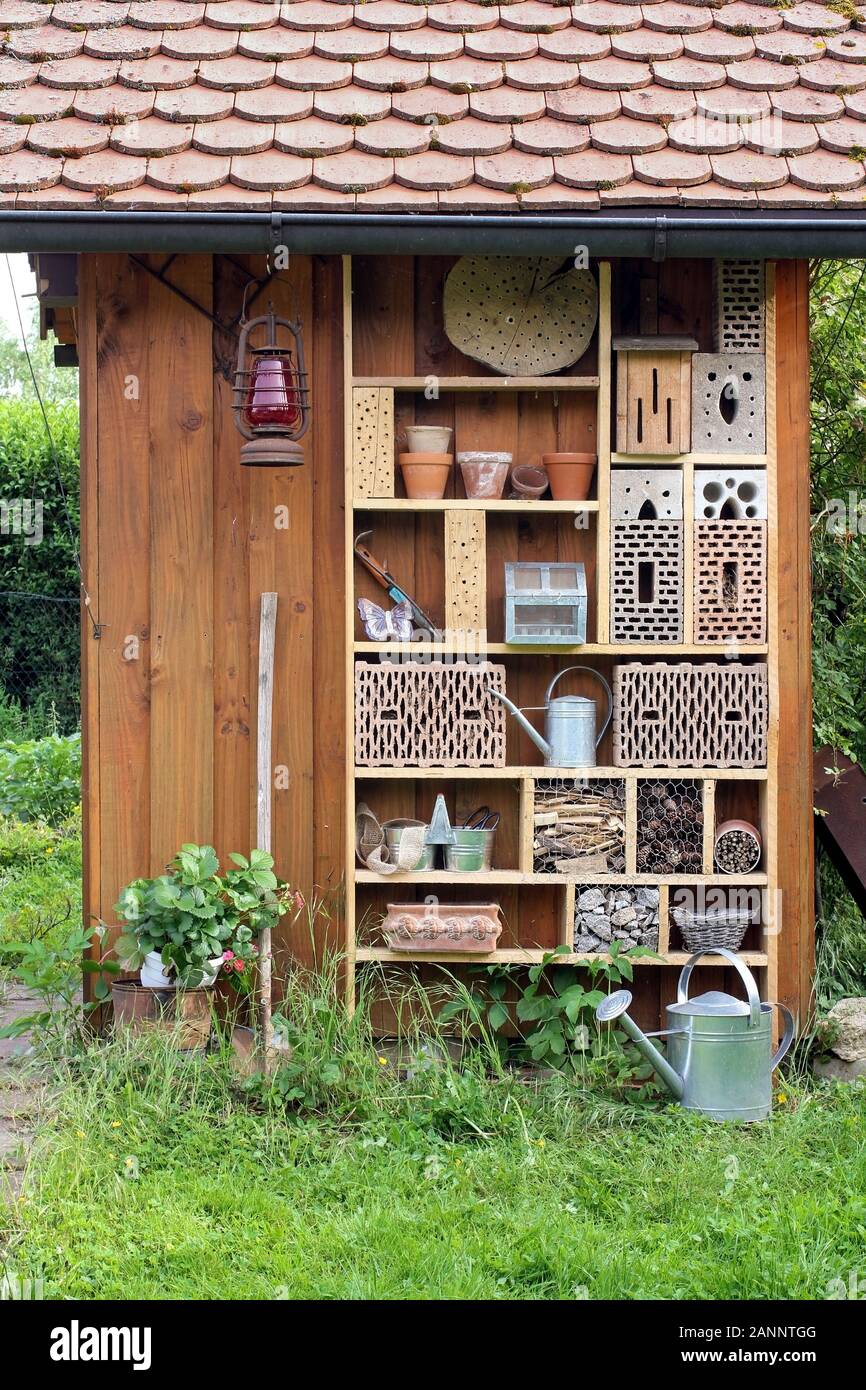 Garden shed with insect hotel Stock Photo