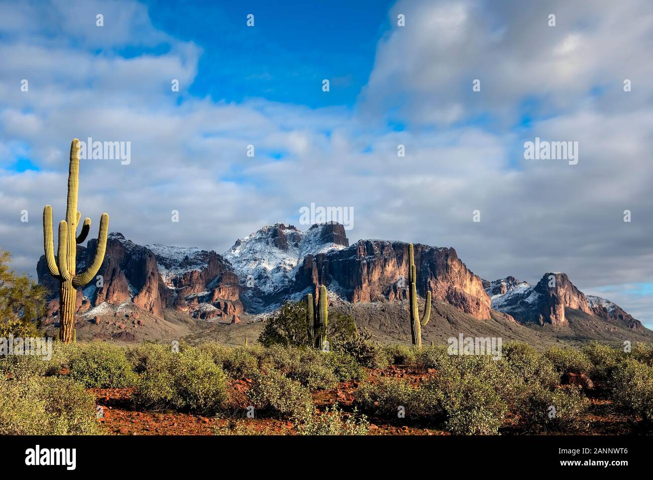 Winter Landscape Superstition Mountains. Lost Dutchman State Park in Apache Junction on The Apache Trail. Stock Photo