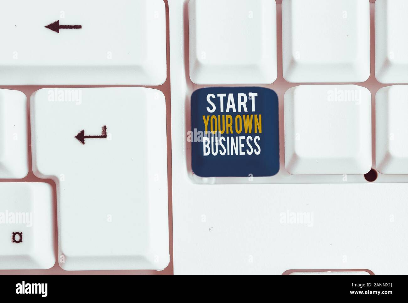 Conceptual hand writing showing Start Your Own Business. Concept meaning Entrepreneurial Venture a Startup Enter into Trade White pc keyboard with not Stock Photo