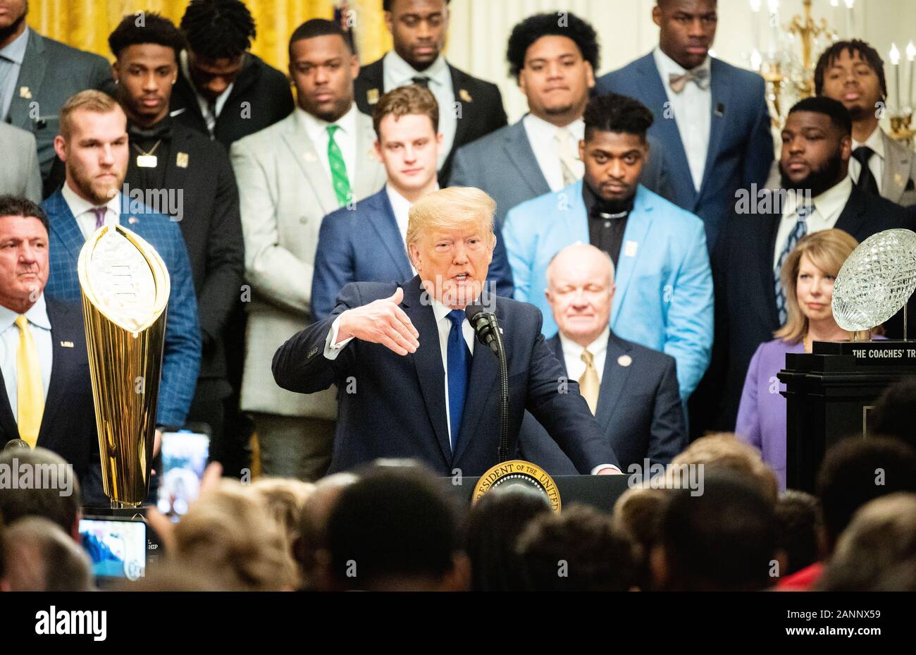 President Donald Trump speaks at the East Room during the occasion of the visit of the 2019 College Football National Champions, the Louisiana State University Tigers, to the White House. Stock Photo