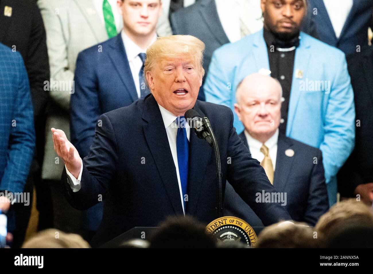 President Donald Trump speaks at the East Room during the occasion of the visit of the 2019 College Football National Champions, the Louisiana State University Tigers, to the White House. Stock Photo