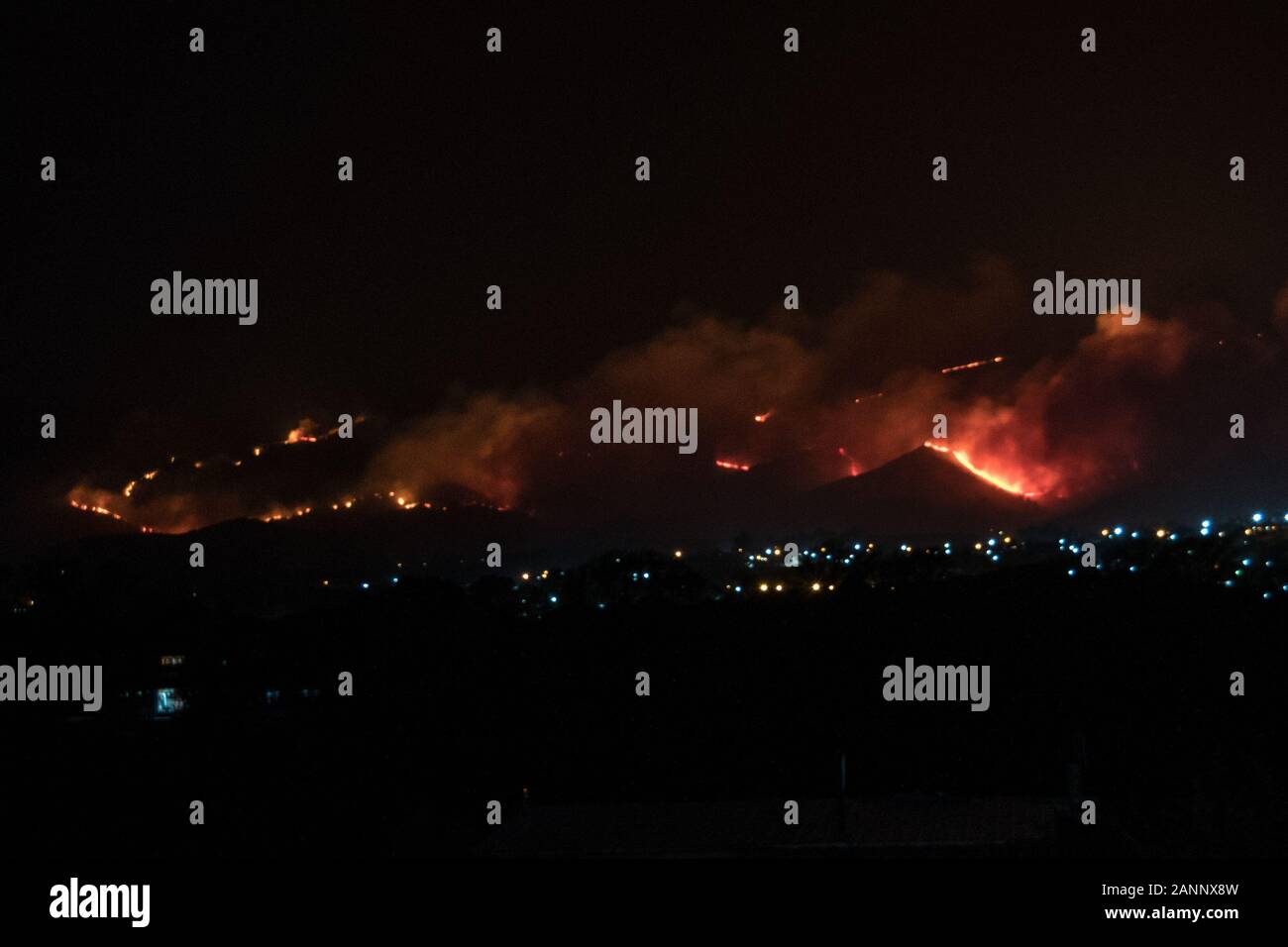 Huge fire in the mountains of Villa Giardino Stock Photo
