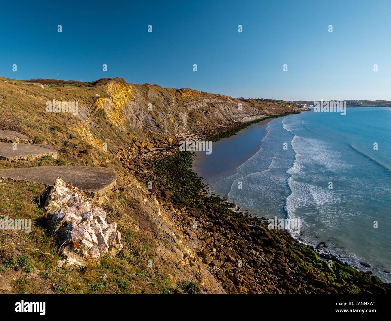 Elevated view of  a cliff at the french coast between Wimereux and Boulogne-sur-Mer just prior sunset Stock Photo