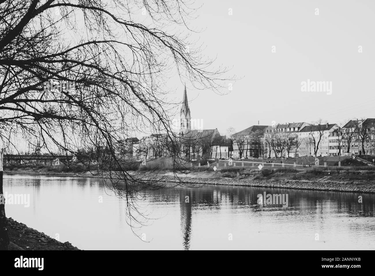 black and white riverside town Stock Photo