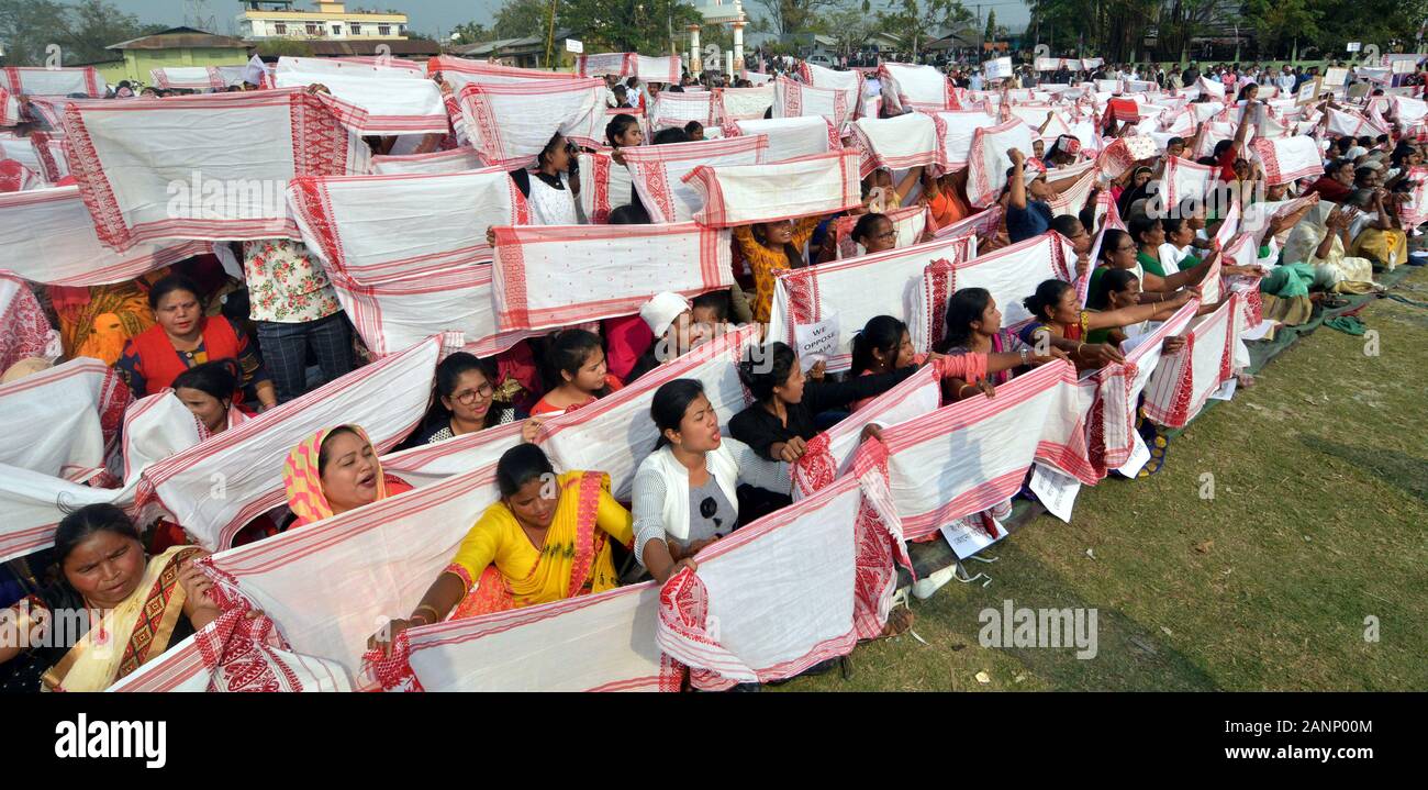 Assam. 18th Jan, 2020. People take part in a protest against the newly enacted 'Citizenship Amendment Act (CAA)' in Kamrup district of India's northeastern state Assam, Jan. 18, 2020. Credit: Str/Xinhua/Alamy Live News Stock Photo