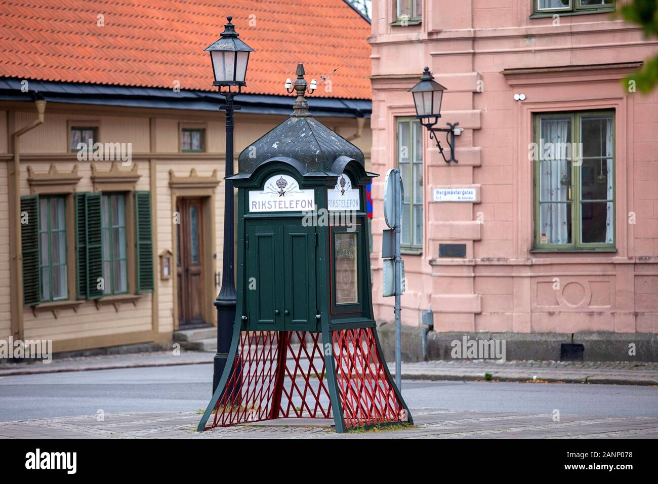 Old swedish public   telephone box, Sweden Stock Photo