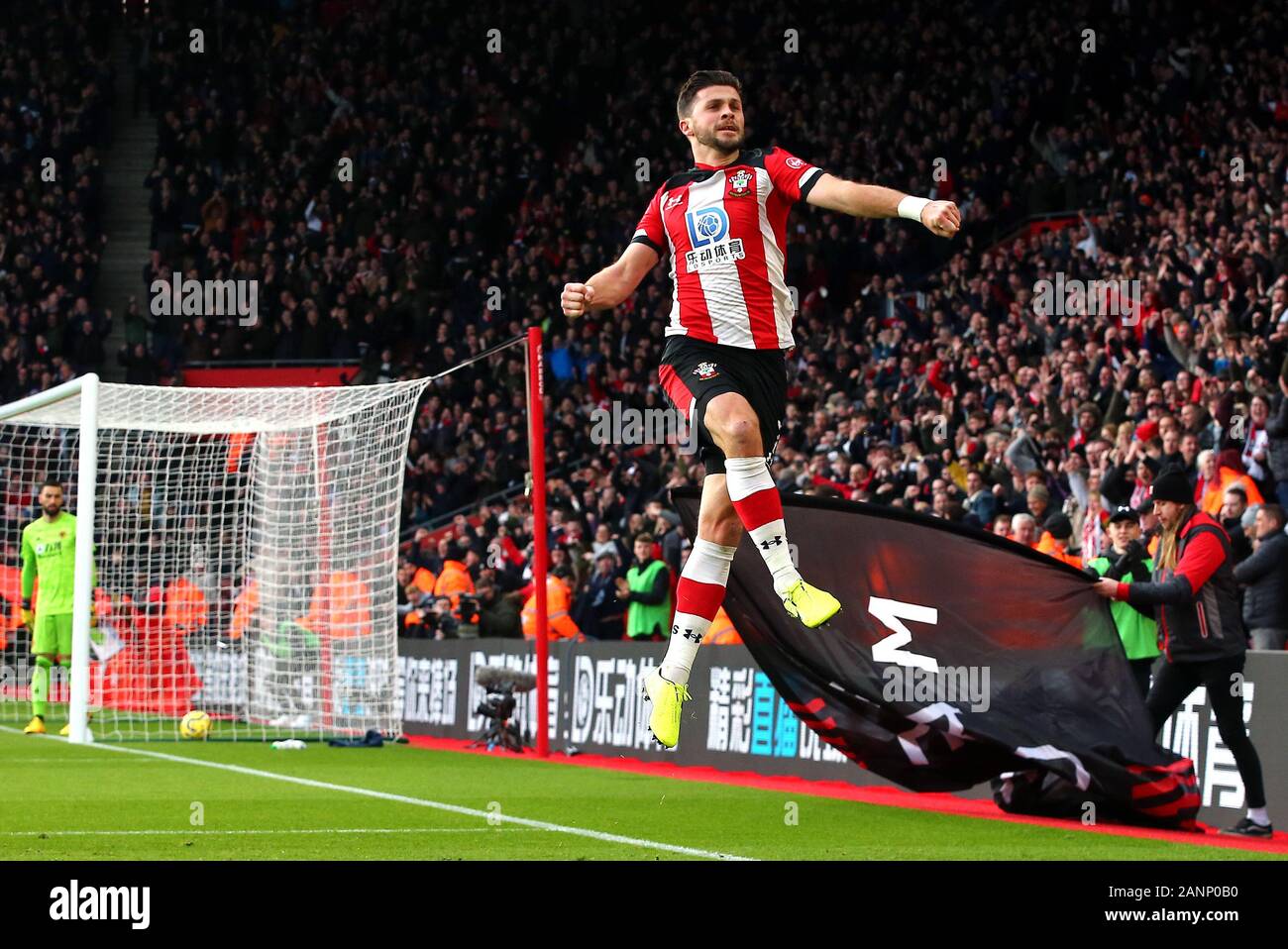 Southampton's Shane Long celebrates scoring his sides second goal during the Premier League match at St Mary's, Southampton. Stock Photo