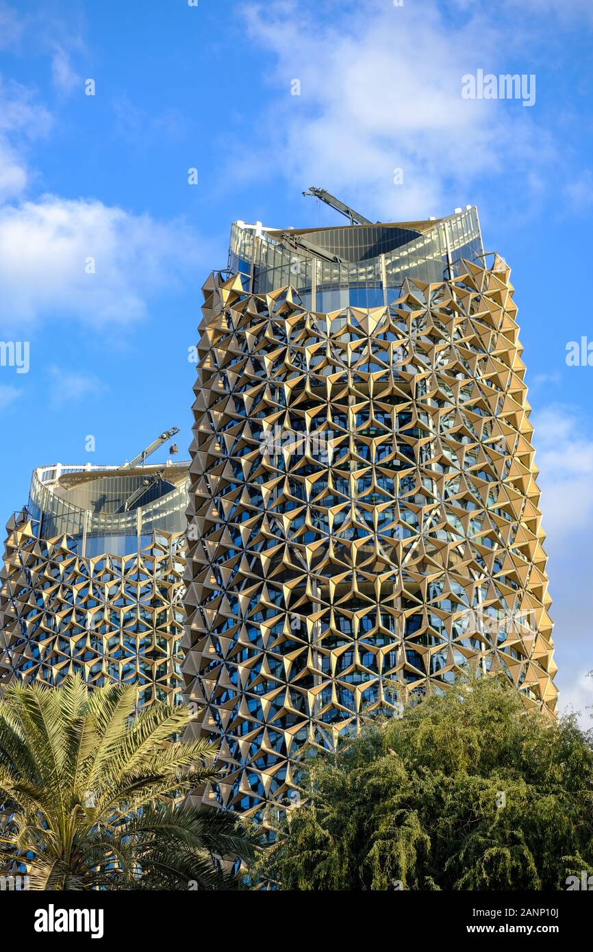 Vertical shot of Al Bahr Towers, known as Pineapple Towers, Abu Dhabi Stock Photo