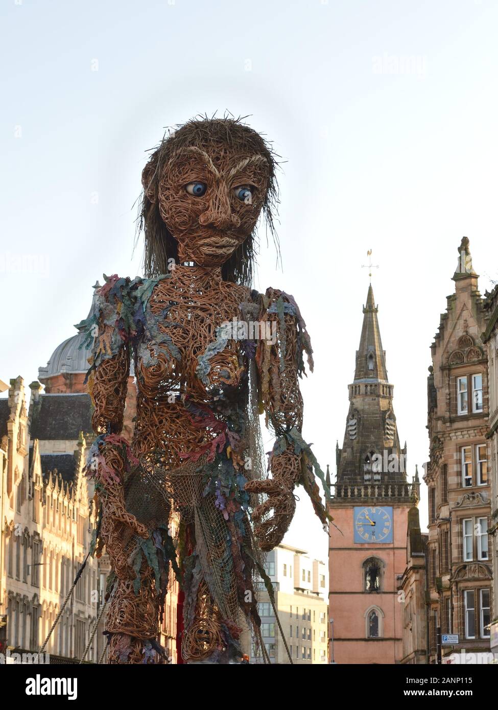 18th, January, 2020. Glasgow, Scotland, UK. 10m tall animated puppet called Storm walks through the city centre to mark the beginning of Coastal Connections part of a climate event taking place in the city. Stock Photo