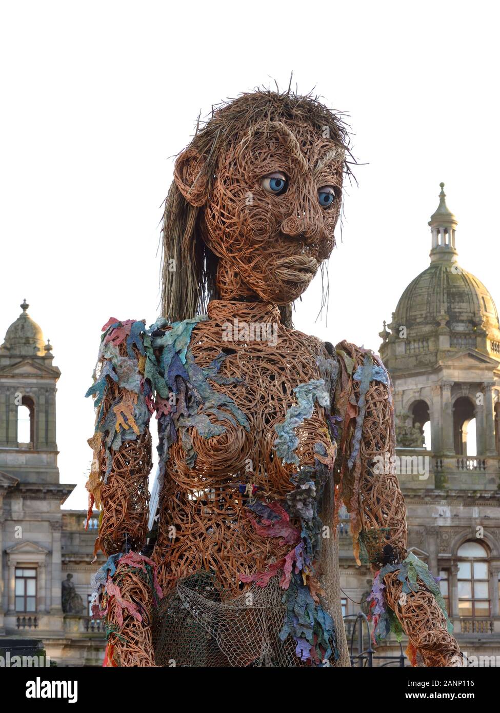18th, January, 2020. Glasgow, Scotland, UK. 10m tall animated puppet called Storm walks through the city centre to mark the beginning of Coastal Connections part of a climate event taking place in the city. Stock Photo