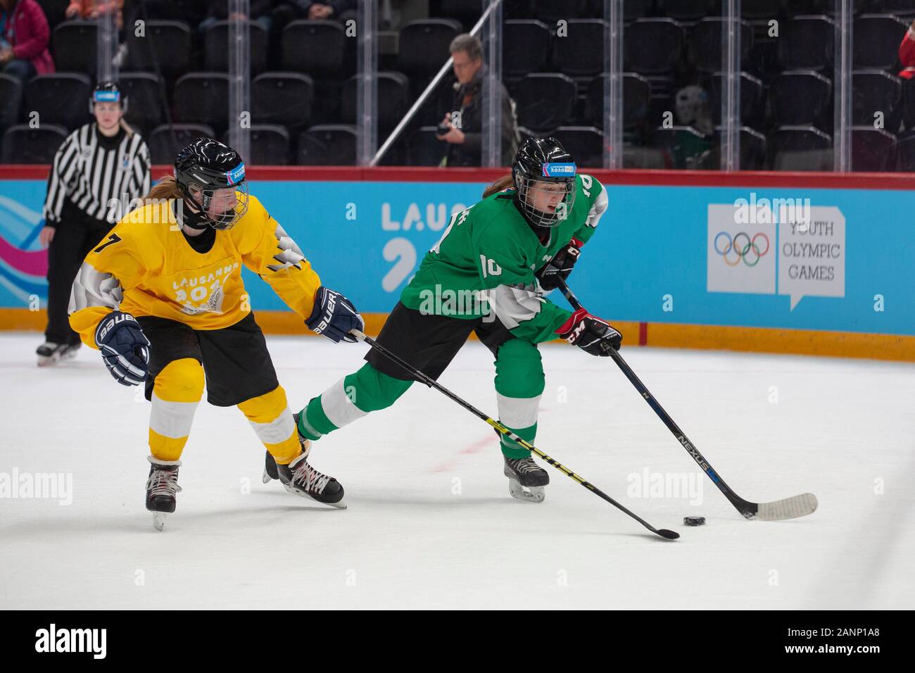 Team GB’s Jessie Taylor (15) competes in the Lausanne 2020 women's Ice Hockey mixed NOC 3 on 3 tournament preliminary round on the 10th January 2020 Stock Photo