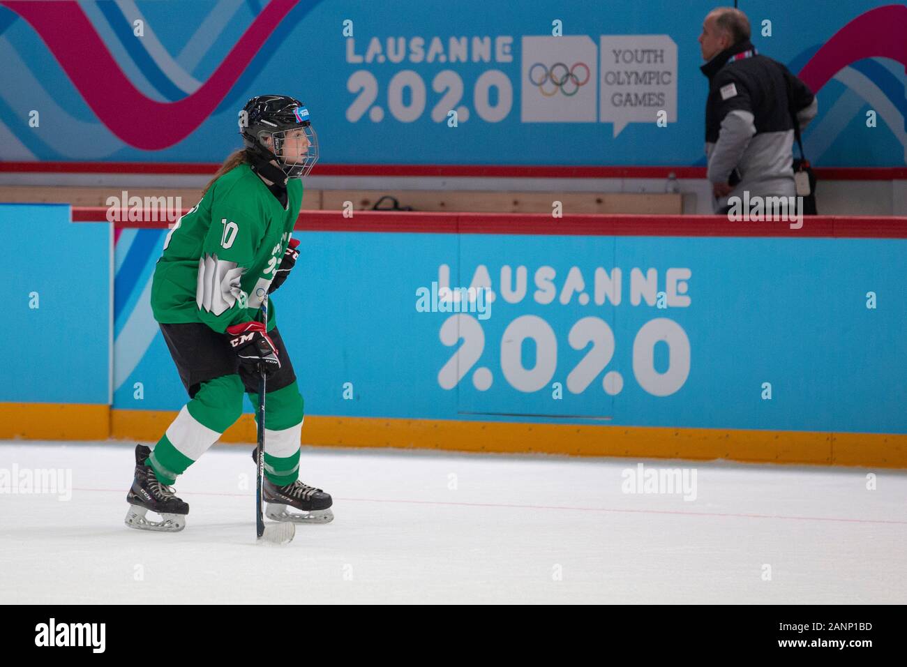 Team GB’s Jessie Taylor (15) competes in the Lausanne 2020 women's Ice Hockey mixed NOC 3 on 3 tournament preliminary round on the 10th January 2020 Stock Photo