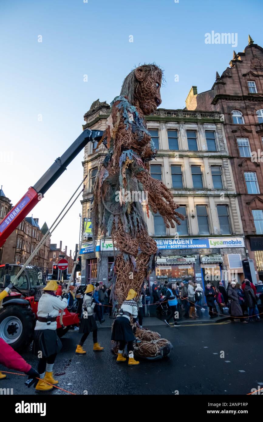 Glasgow, Scotland, UK. 18th January, 2020. A ten metre tall giant puppet called Storm attends Celtic Connections Coastal Day. Puppeteers from Vision Mechanics operate the mythical sea goddess which was two years in the making. The puppet is made from entirely recycled and natural resources. Marking the start of Scotland’s Year of Coasts & Waters, Storm will strive to remind us of our duty to care for our coastlines. Credit: Skully/Alamy Live News Stock Photo