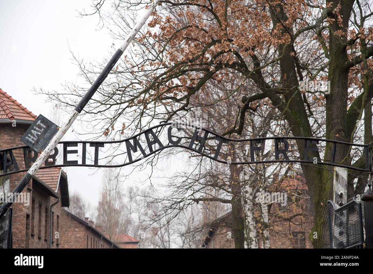 Arbeit macht frei sign (in German Work sets you free) main gate to Nazi German Konzentrationslager Auschwitz I Stammlager (Auschwitz I concentration c Stock Photo