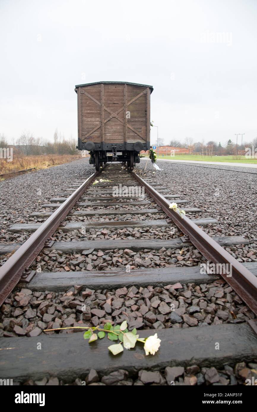 Judenrampe (Jewish ramp) or Altejudenrampe (old Jewish ramp) railway ramp between Nazi German Konzentrationslager Auschwitz I Stammlager (Auschwitz I Stock Photo