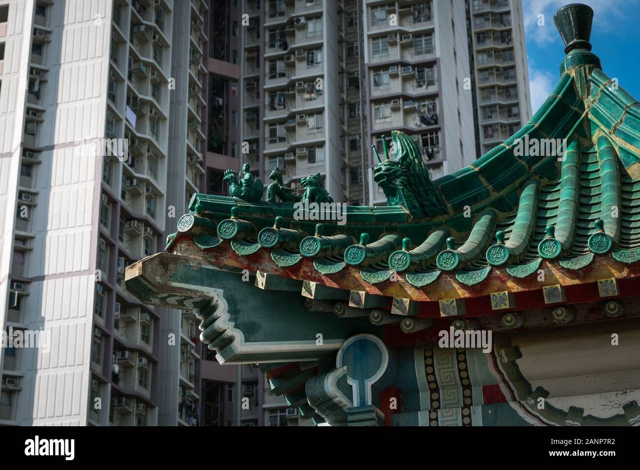 HongKong, China - November, 2019: Traditional Chinese Architecture, roof detail in Wong Tai Sin Temple in Hong Kong Stock Photo