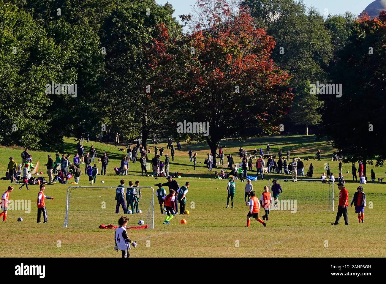Kids soccer game in Prospect Park Brooklyn NYC Stock Photo Alamy