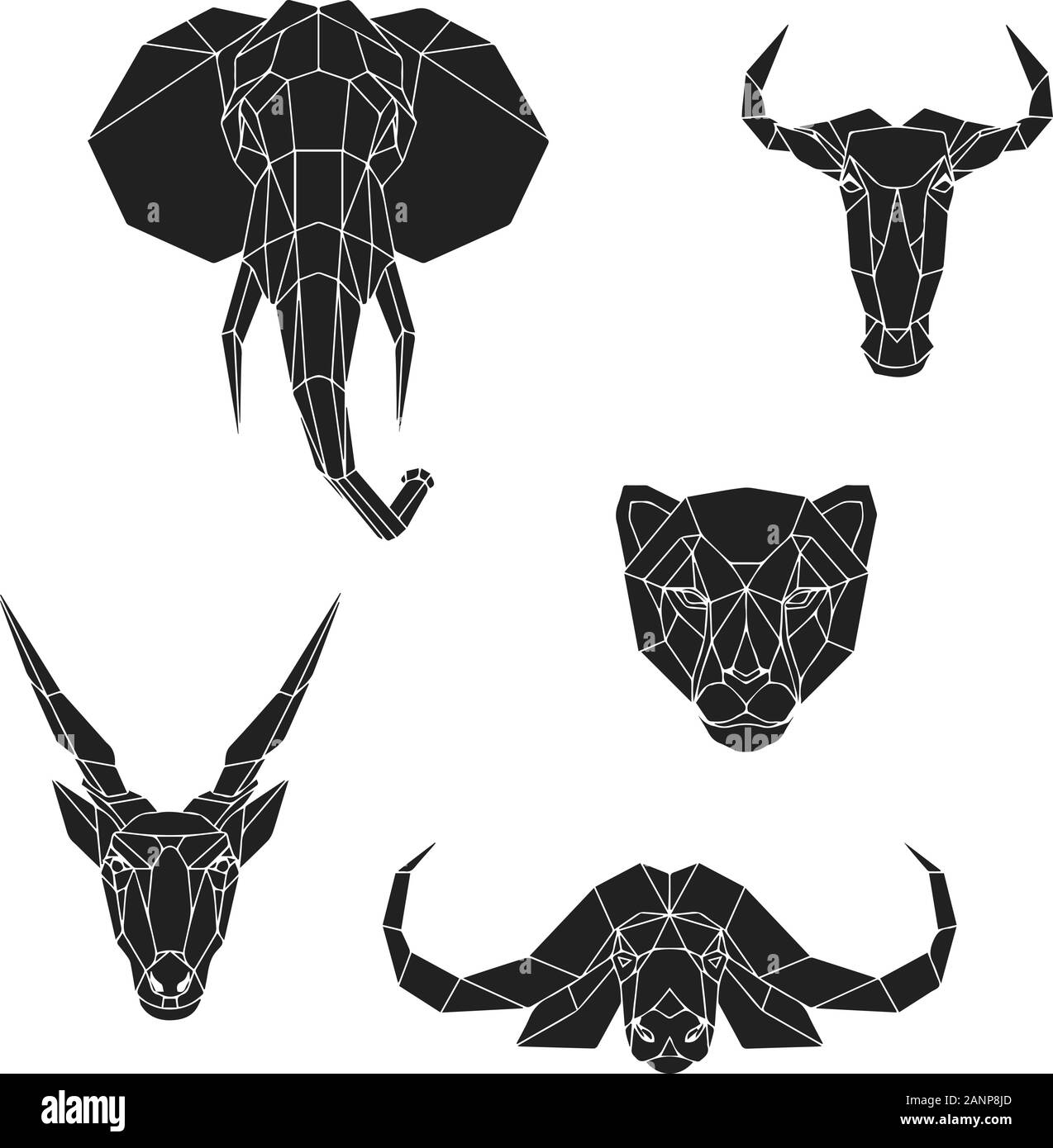The black geometric heads of elephant, blue wildebeest, cheetah, eland antelope and cape buffalo. Set polygonal abstract animals of Africa. Vector ill Stock Vector