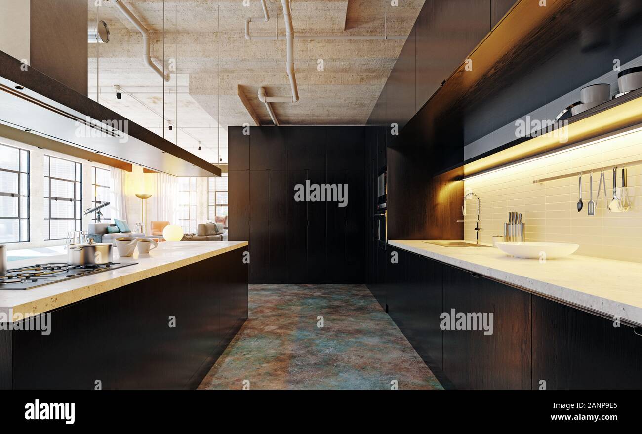 modern loft kitchen interior.3d rendering design concept Stock Photo ...