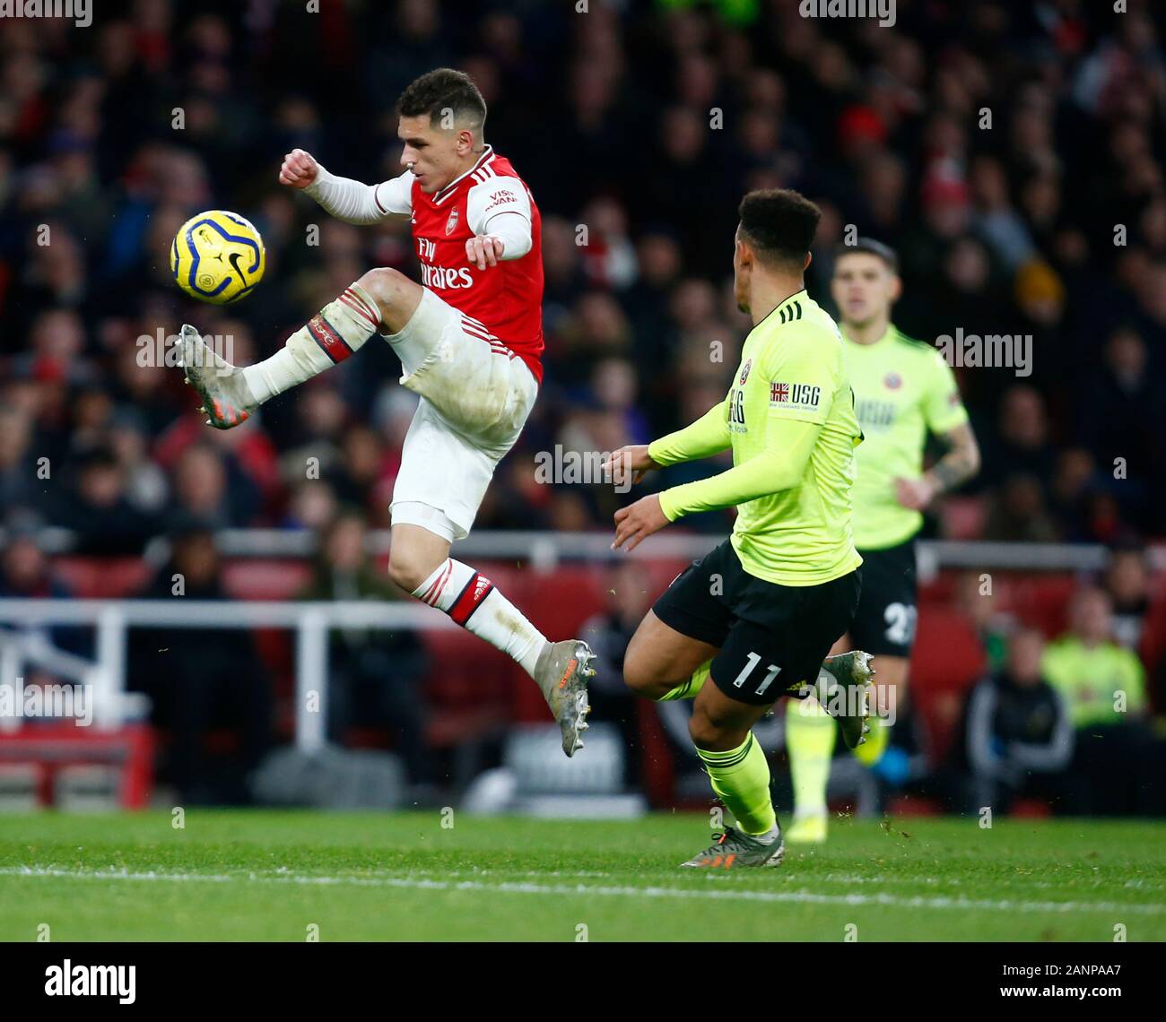 London, UK. 18th Jan, 2020. LONDON, ENGLAND - JANUARY 18: Lucas Torreira of Arsenal during English Premier League match between Arsenal and Sheffield United on January 18 2020 at The Emirates Stadium, London, England. Credit: Action Foto Sport/Alamy Live News Stock Photo