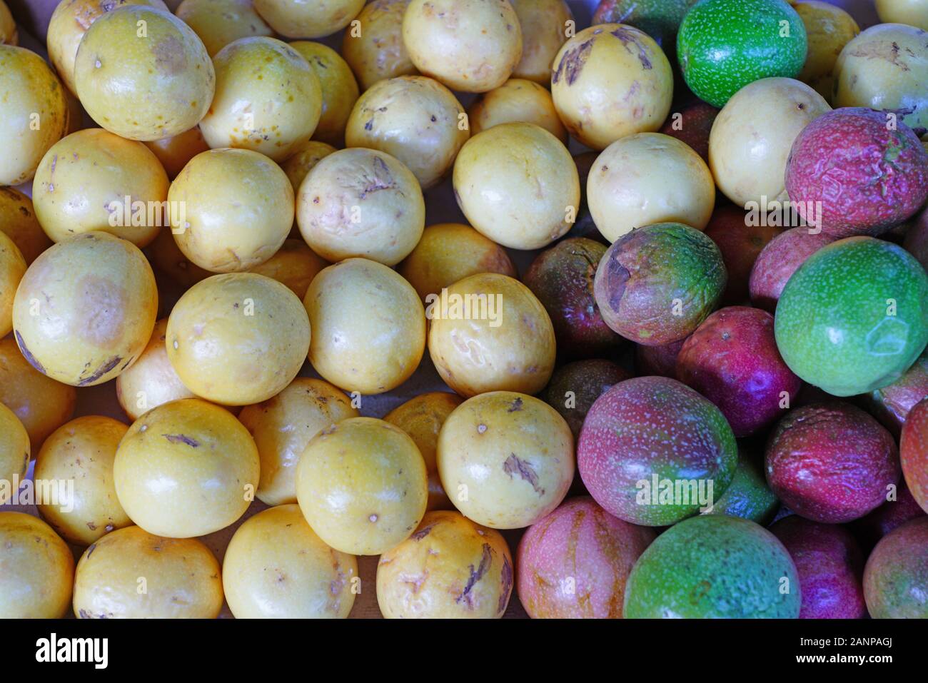 Crate of colorful ripe passion fruits at a food market Stock Photo