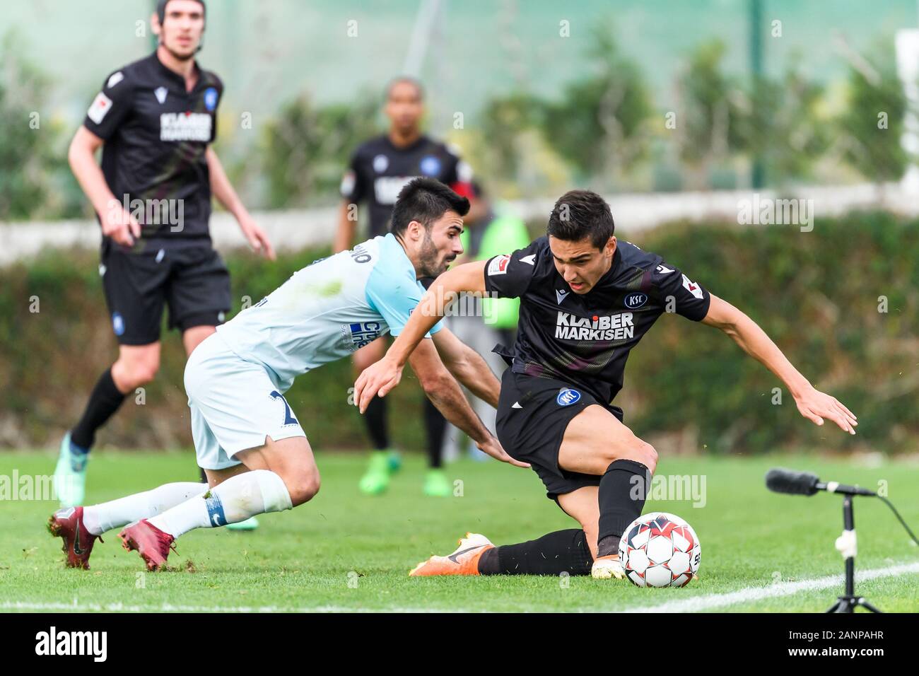 Estepona, Spanien. 18th Jan, 2020. Dirk Carlson (KSC) in duels with Valentin Cretu (Bucharest). GES/Football/2nd Bundesliga: Karlsruher SC - training camp, test game KSC - FC SB Bucharest, January 18, 2020 Football/Soccer: 2nd Bundesliga: KSC training camp, test match KSC - FCSB Bucharest, Estepona, January 18, 2020 | usage worldwide Credit: dpa/Alamy Live News Stock Photo