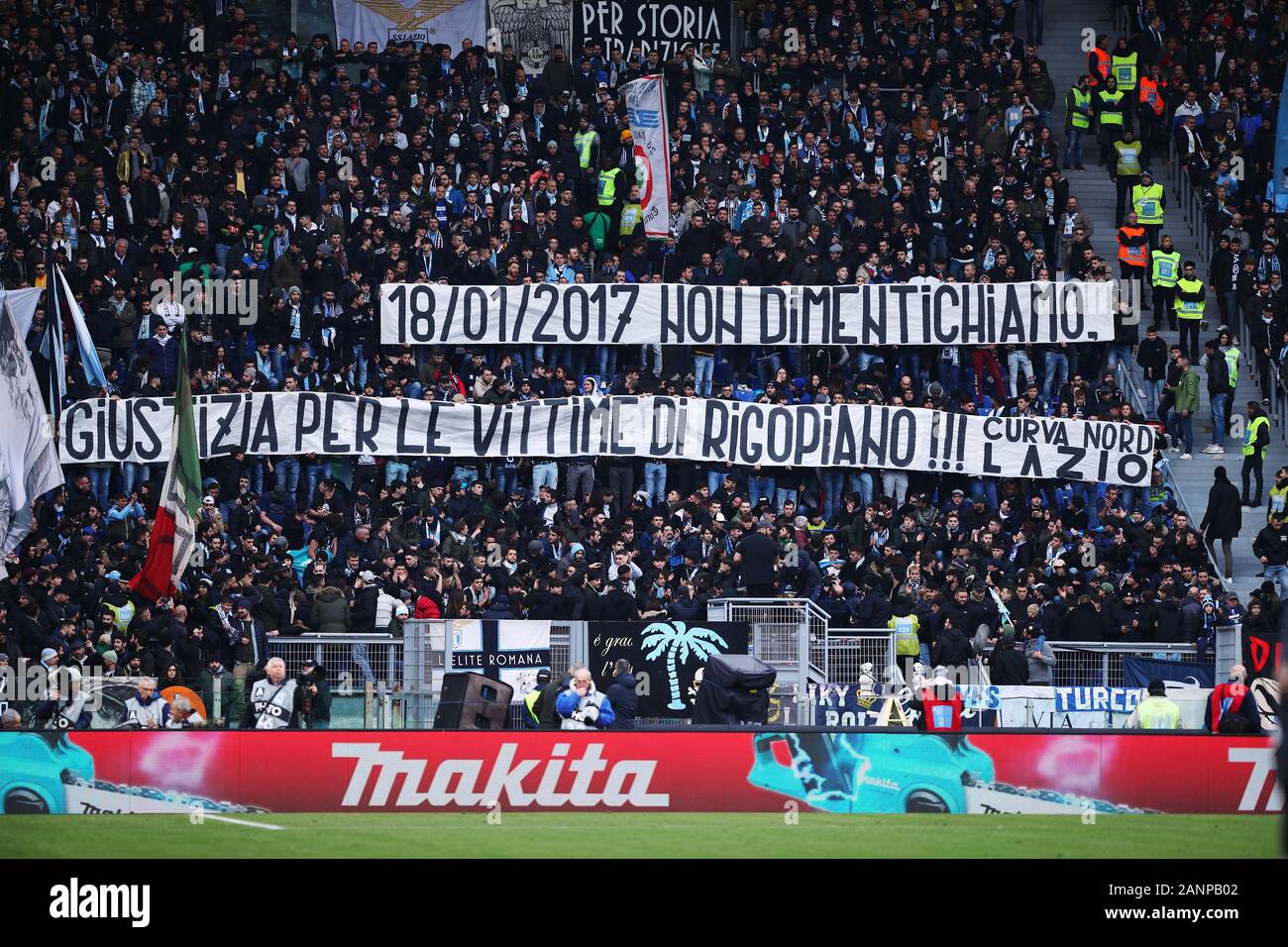 Lazio supporters show a banner during the Italian championship Serie A football match between SS Lazio and UC Sampdoria on January 18, 2020 at Stadio Olimpico in Rome, Italy - Photo Federico Proietti/ESPA-Images Stock Photo