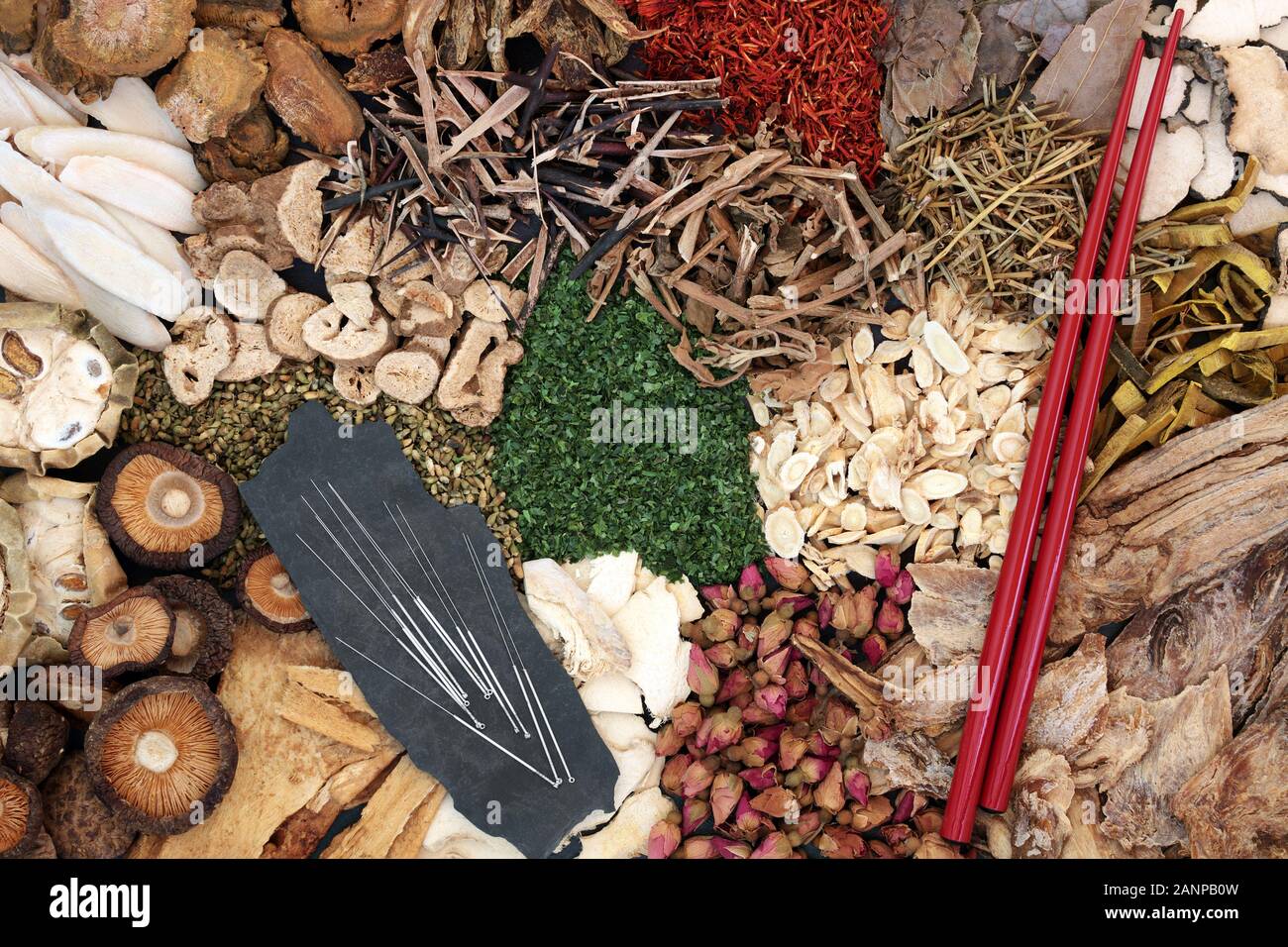 Chinese herbs and acupuncture needles used in traditional herbal