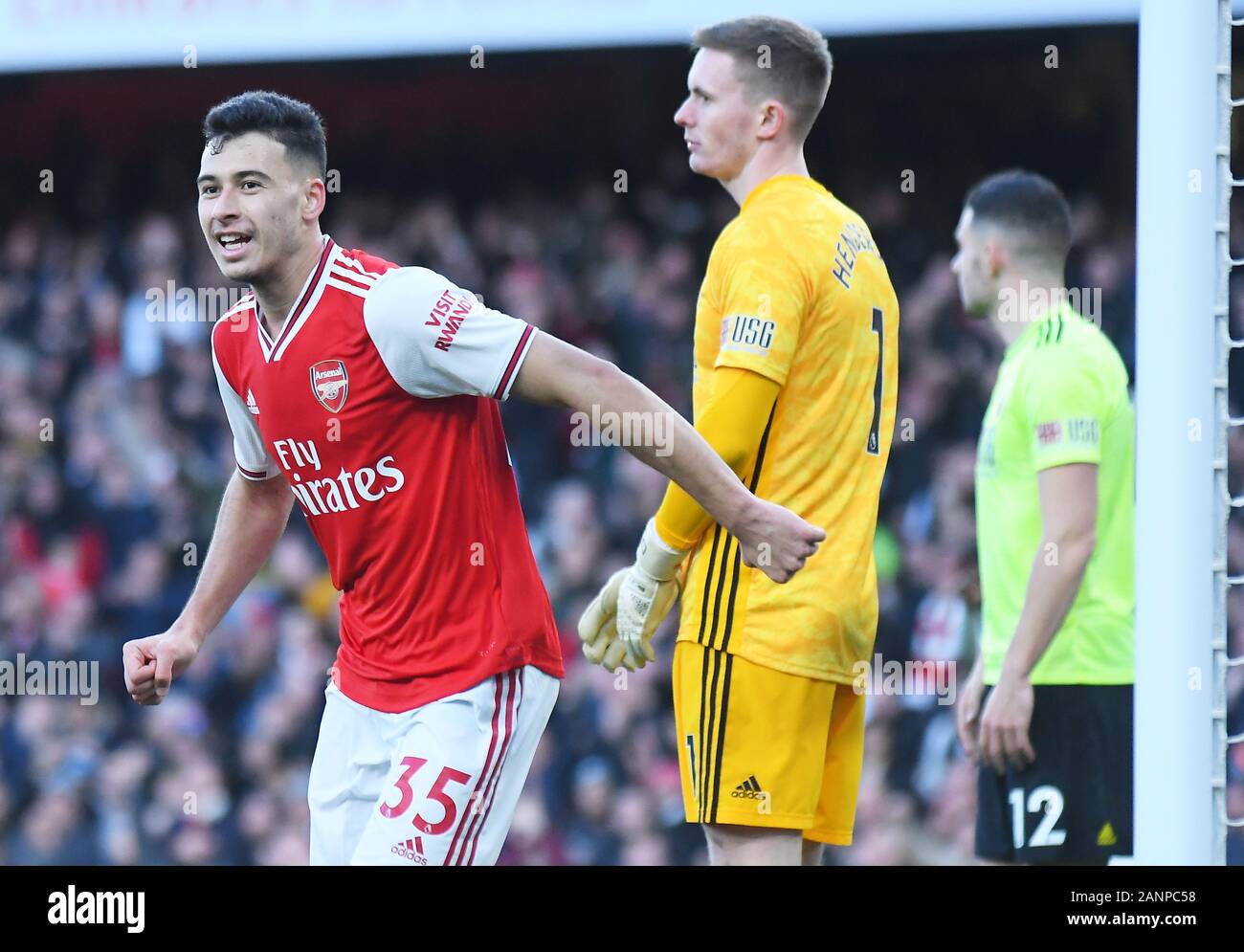 LONDON, ENGLAND - JANUARY 18, 2020: Gabriel Martinelli of Arsenal celebrates after he scored a goal during the 2019/20 Premier League game between Arsenal FC and Sheffield United FC at Emirates Stadium. Stock Photo