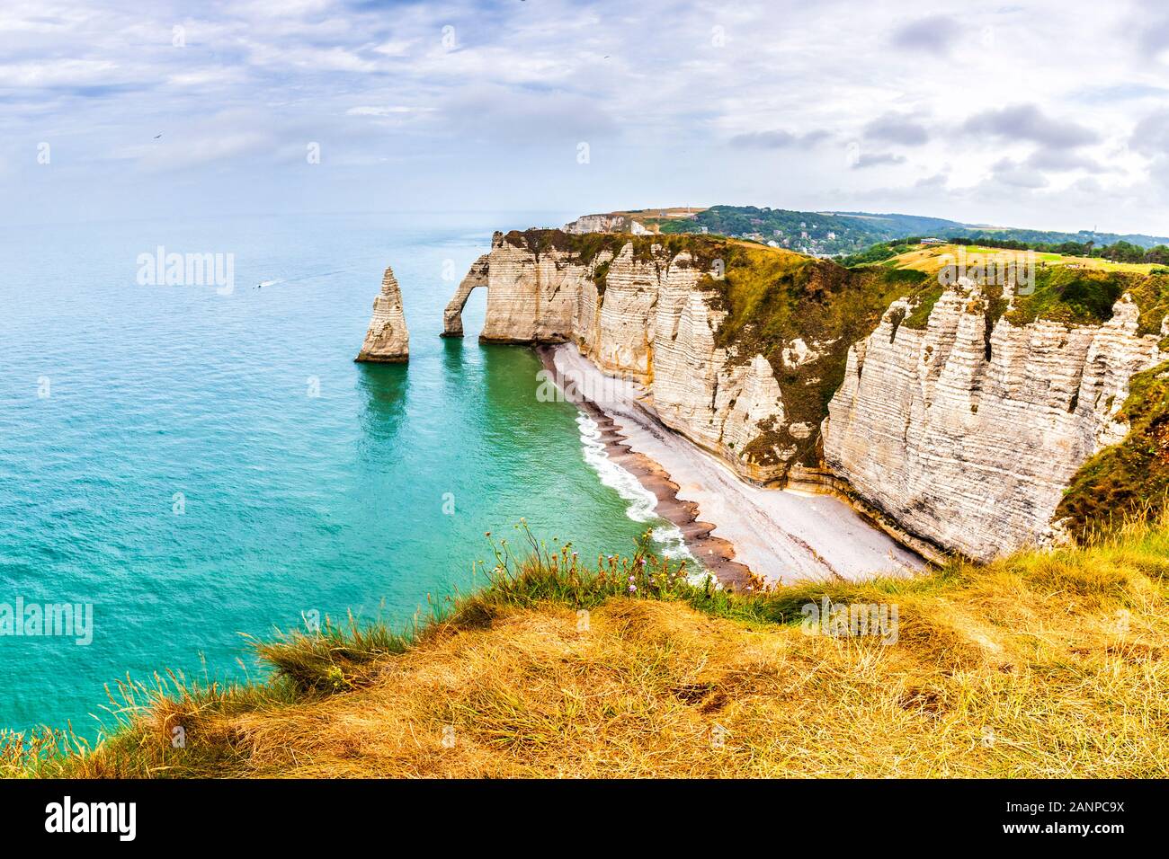 Panorama of natural chalk cliffs of Etretat Stock Photo