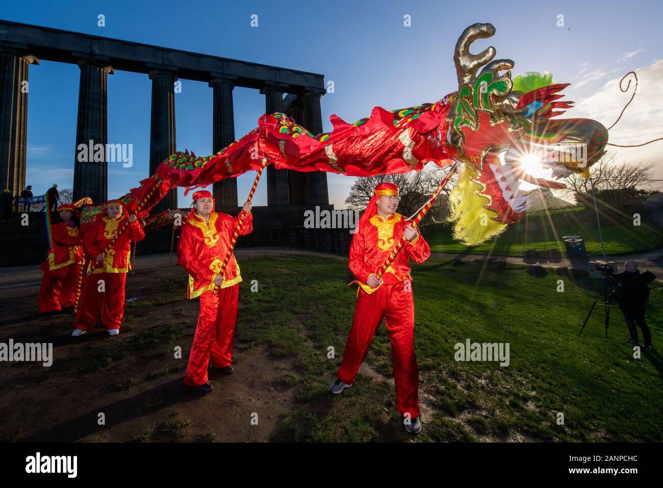 A Chinese Dragon meets dancers and performers from Edinburgh’s Official Chinese New Year Gala to launch the 2020 Chinese New Year celebrations and the Stock Photo