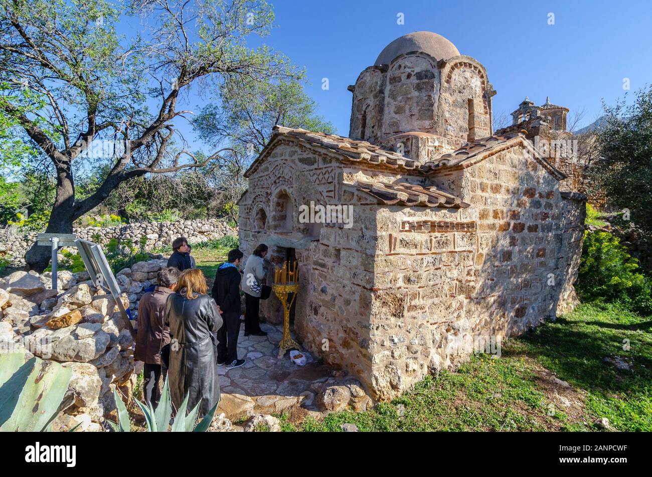 A Greek Orthodox, saints day, festival at the little 13th cen. Byzantine church and Monastery of  St. Theodori, Proastio, Outer Mani Peloponnese, Gree Stock Photo