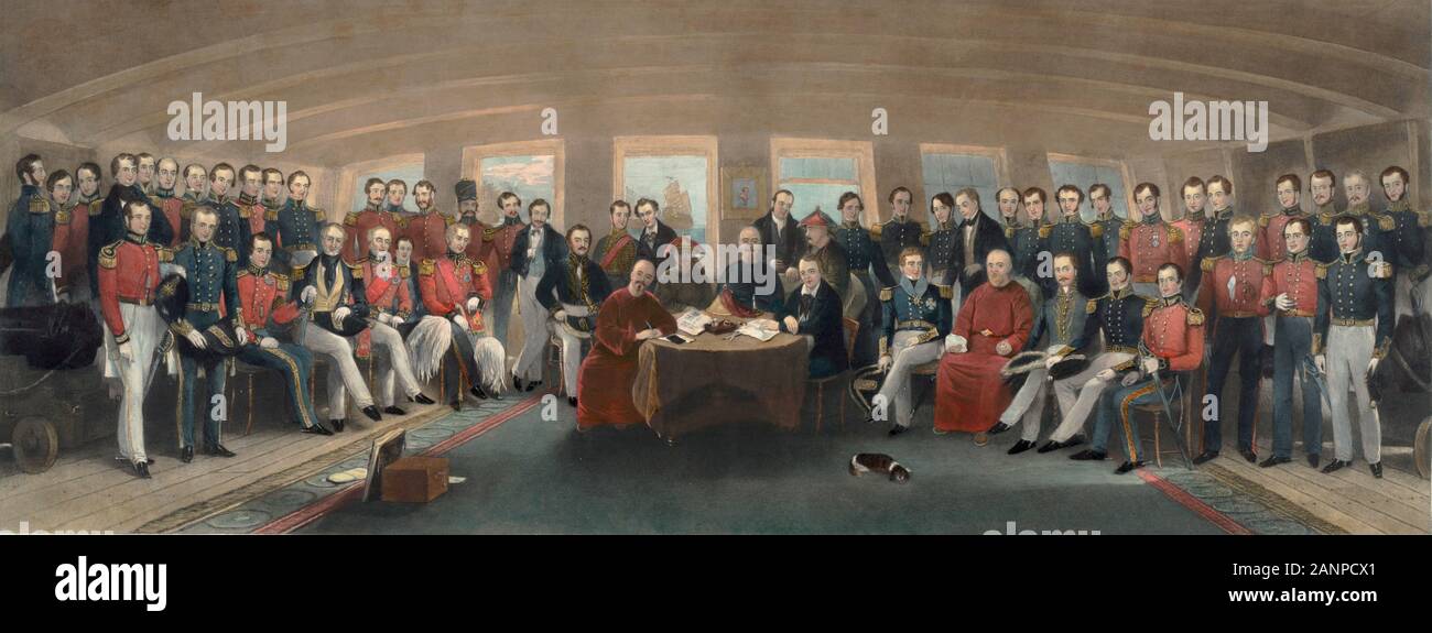 The Treaty of Nanking being signed on board HMS Cornwallis, Sir William Parker is seated at the front row (fifth from right), between interpreter Robert Thom and General Hien Ling. Painted by Captain John Platt. The Treaty of Nanking (Nanjing) was a peace treaty which ended the First Opium War (1839–1842) between the United Kingdom and China on 29 August 1842 Stock Photo