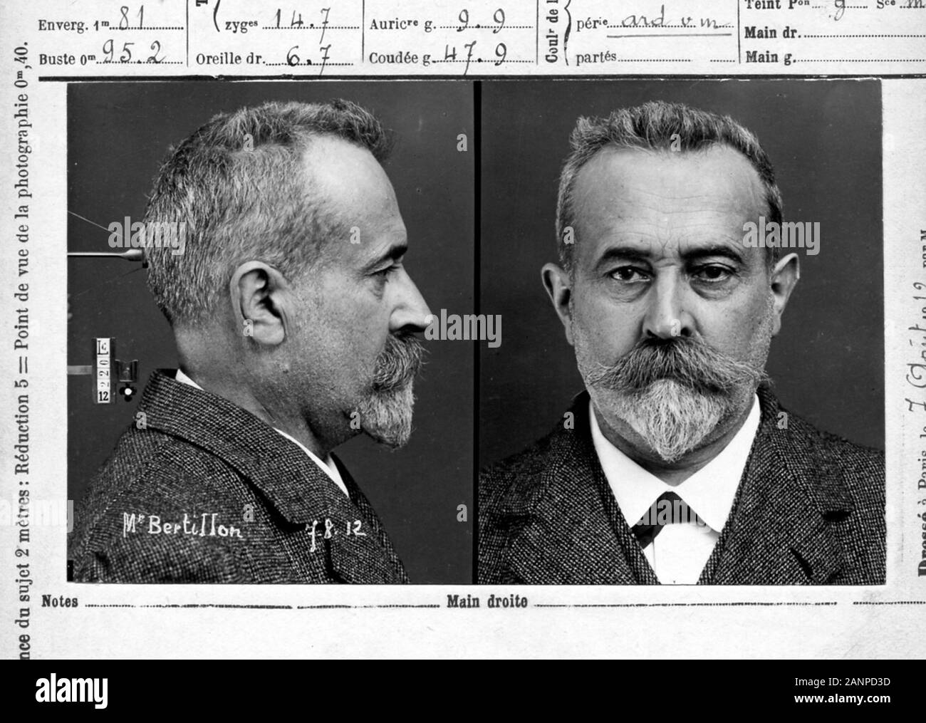 Alphonse Bertillon (1853 – 1914) inventor of the mug shot, French police officer and biometrics researcher who applied the anthropological technique of anthropometry to law enforcement creating an identification system based on physical measurements Stock Photo