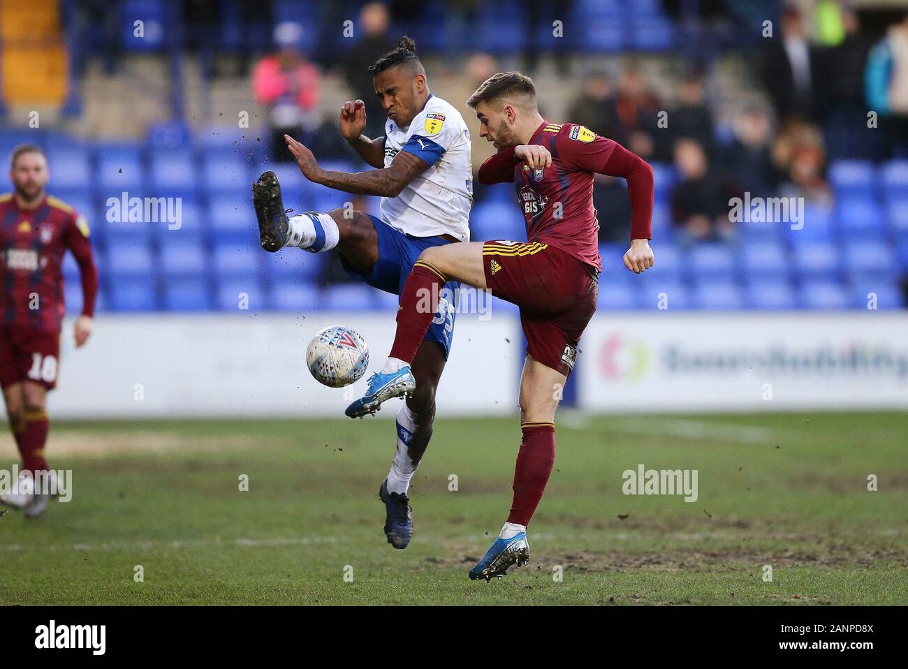 Birkenhead, UK. 18th Jan, 2020. Neil Danns of Tranmere Rovers (l) and Luke Garbutt of Ipswich Town battle for the ball. EFL Skybet football league one match, Tranmere Rovers v Ipswich Town at Prenton Park, Birkenhead, Wirral on Saturday 18th January 2020. this image may only be used for Editorial purposes. Editorial use only, license required for commercial use. No use in betting, games or a single club/league/player publications.pic by Chris Stading/Andrew Orchard sports photography/Alamy Live News Credit: Andrew Orchard sports photography/Alamy Live News Stock Photo