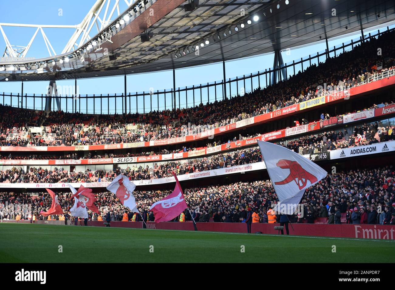 LONDON, ENGLAND - JANUARY 18TH Arsenal flags waved during the Premier League match between Arsenal and Sheffield United at the Emirates Stadium, London on Saturday 18th January 2020. (Credit: Ivan Yordanov | MI News)Photograph may only be used for newspaper and/or magazine editorial purposes, license required for commercial use Credit: MI News & Sport /Alamy Live News Stock Photo