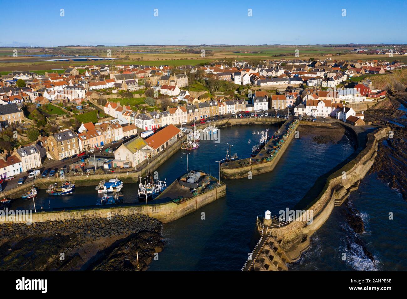 Aerial view from drone of Pittenweem fishing village in the East Neuk of Fife, Scotland, UK Stock Photo