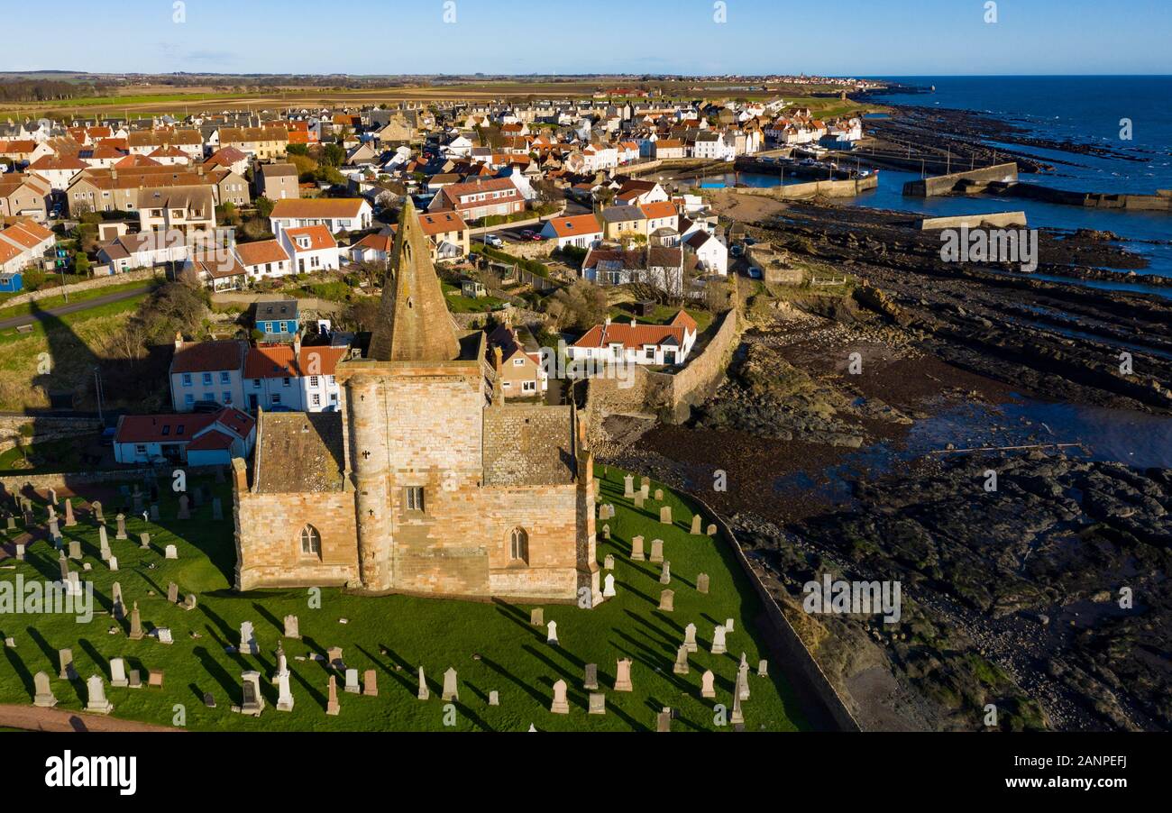 Aerial view from drone of church in St Monans fishing village in the East Neuk of Fife, Scotland, UK Stock Photo