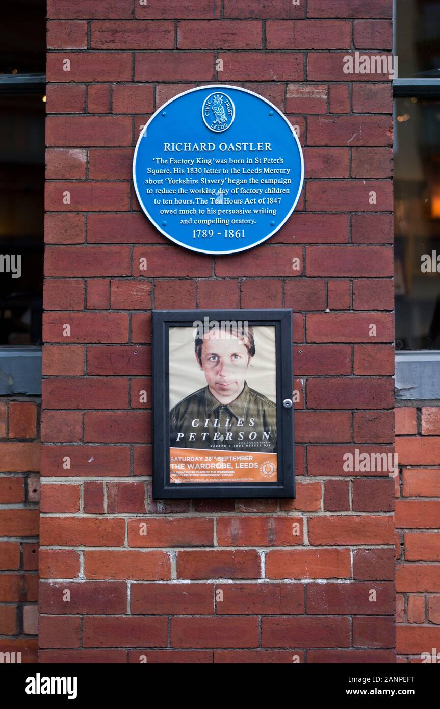Blue Plaque of Richard Oastler (The Factory King) and Concert Publicity poster for Gilles Peterson, The Wardrobe Club St Peter's Street Leeds West Yorkshire. 2019. Stock Photo