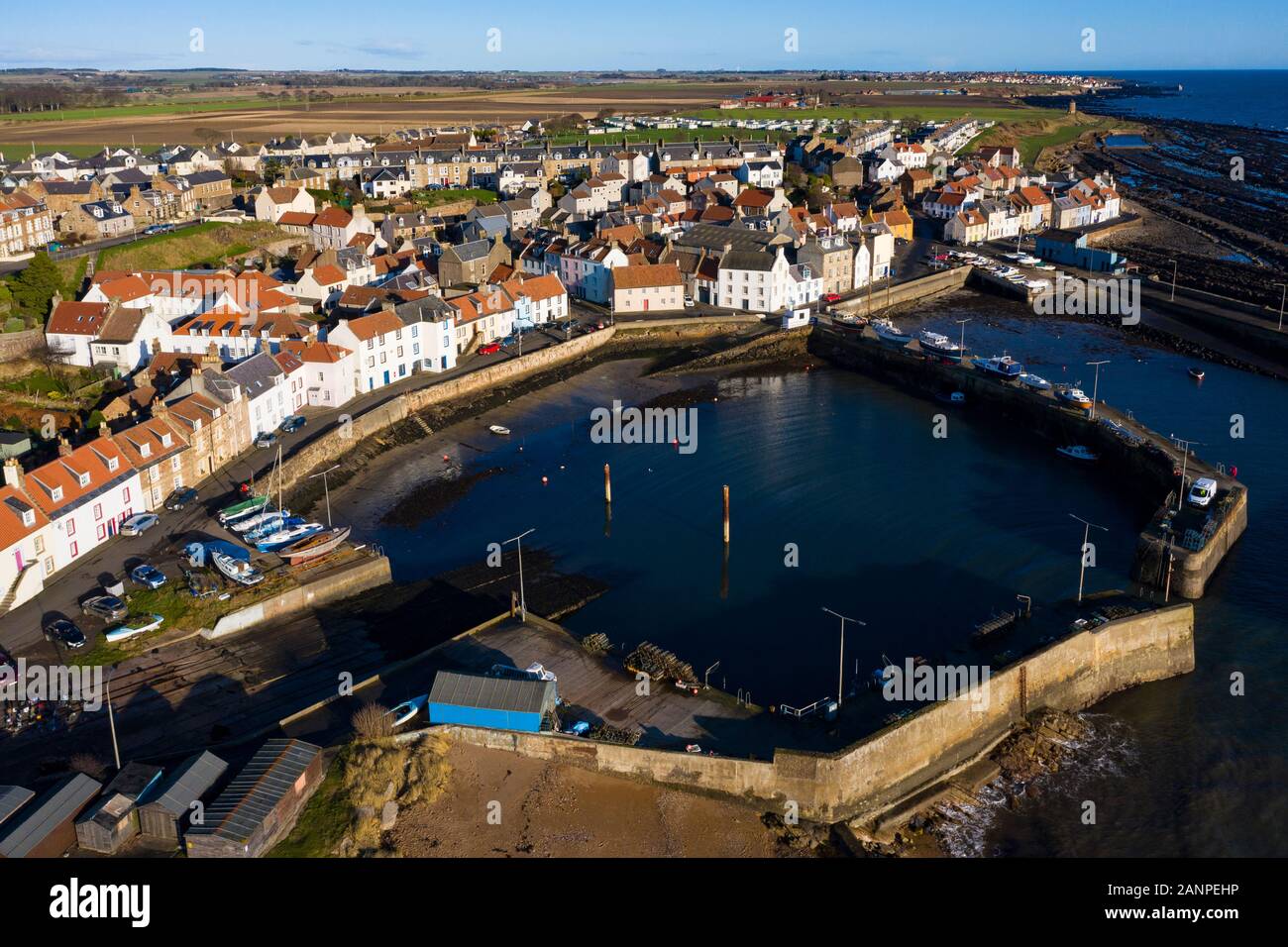 Aerial view from drone of St Monans fishing village in the East Neuk of Fife, Scotland, UK Stock Photo