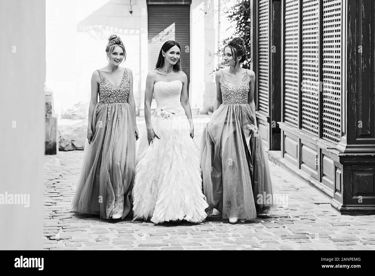 Beautiful bride and bridesmaids walking on the cobblestone street. Maids wear gorgeous elegant stylish red pink violet floor length v neck chiffon Stock Photo