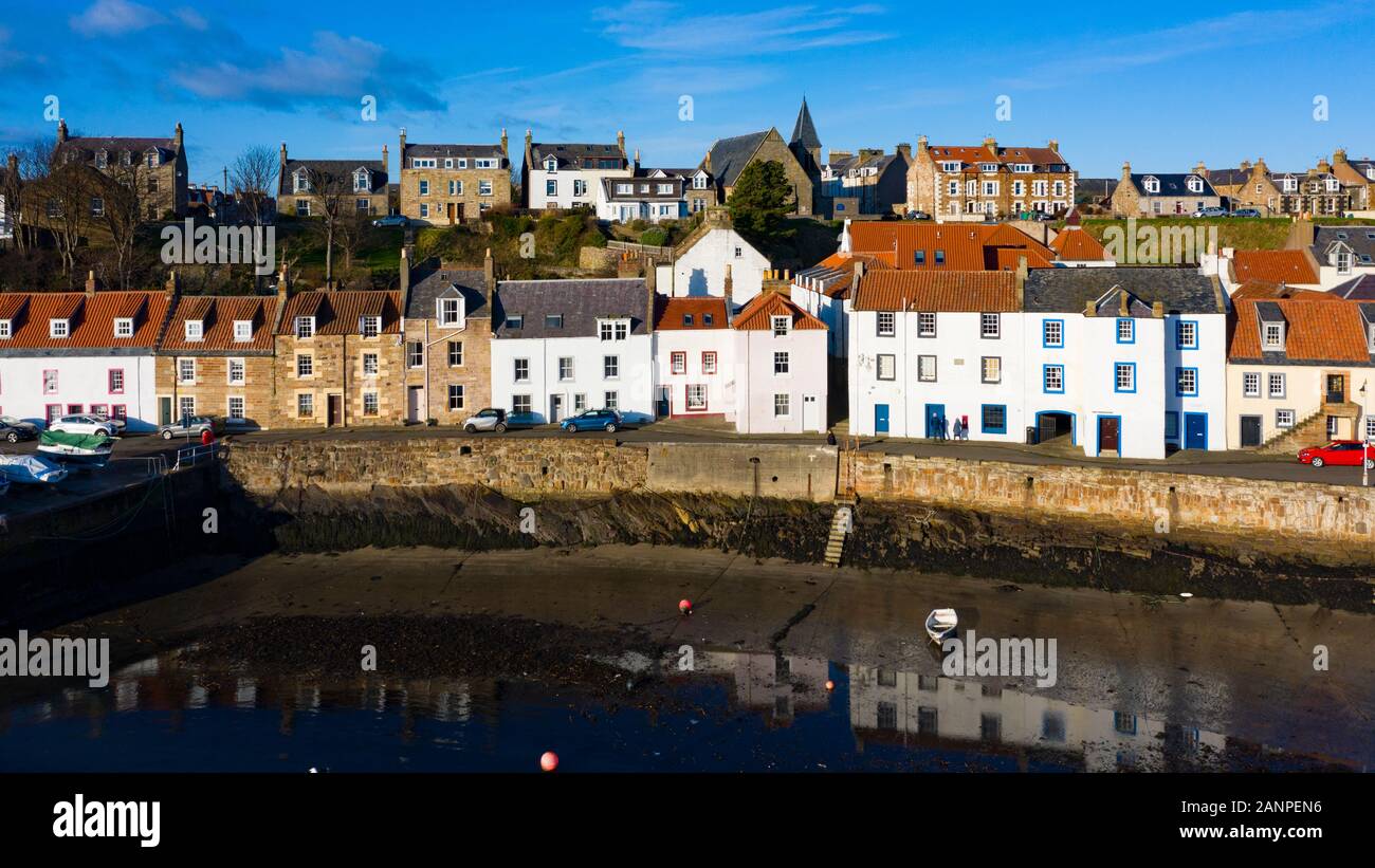 Aerial view from drone of St Monans fishing village in the East Neuk of Fife, Scotland, UK Stock Photo