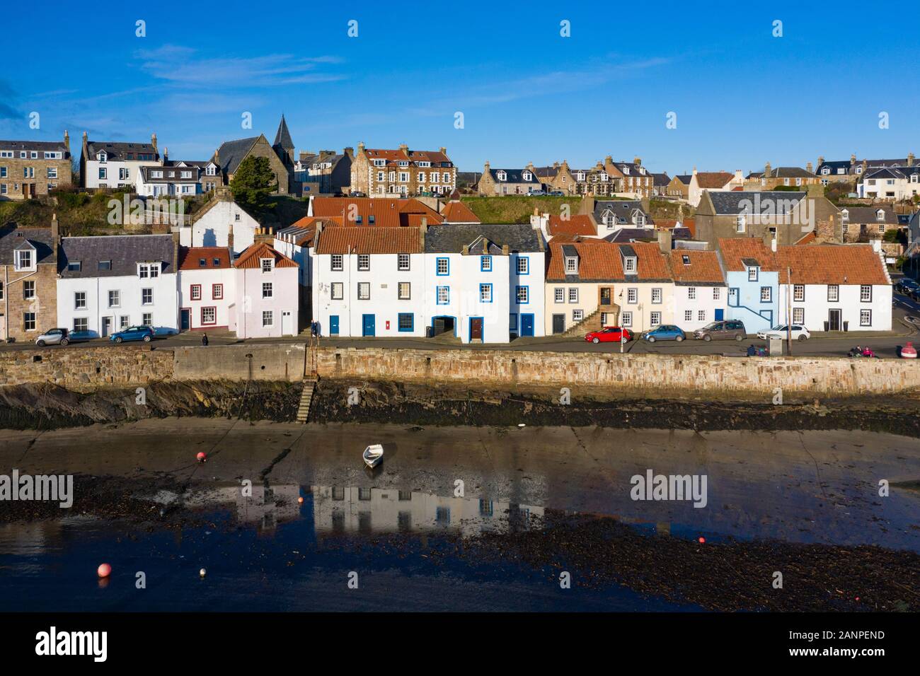 Aerial view from drone of St Monans fishing village in the East Neuk of Fife, Scotland, UK Stock Photo